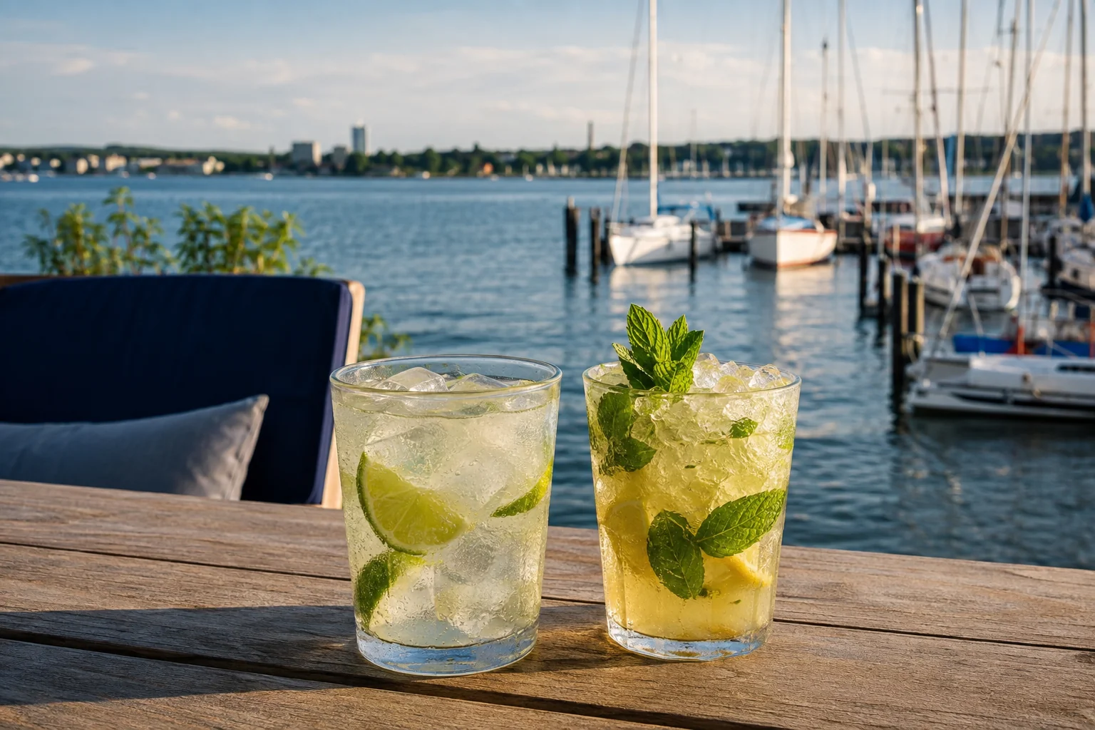 Sommerliche Drinks mit Eis vor einem Segelhafen als Förde-Stimmungsmotiv