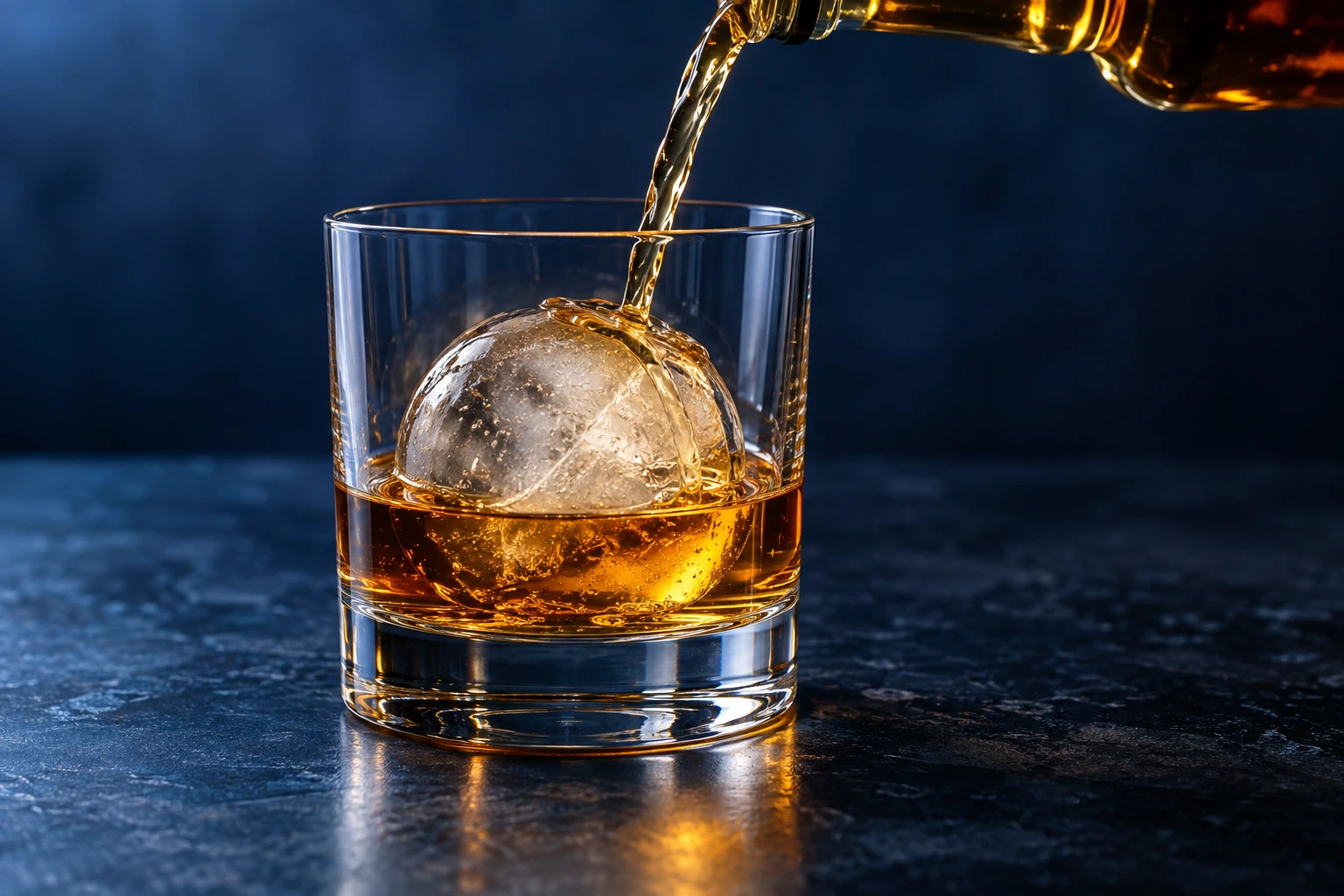 Whisky wird über eine große Eiskugel in einem Whiskyglas gegossen